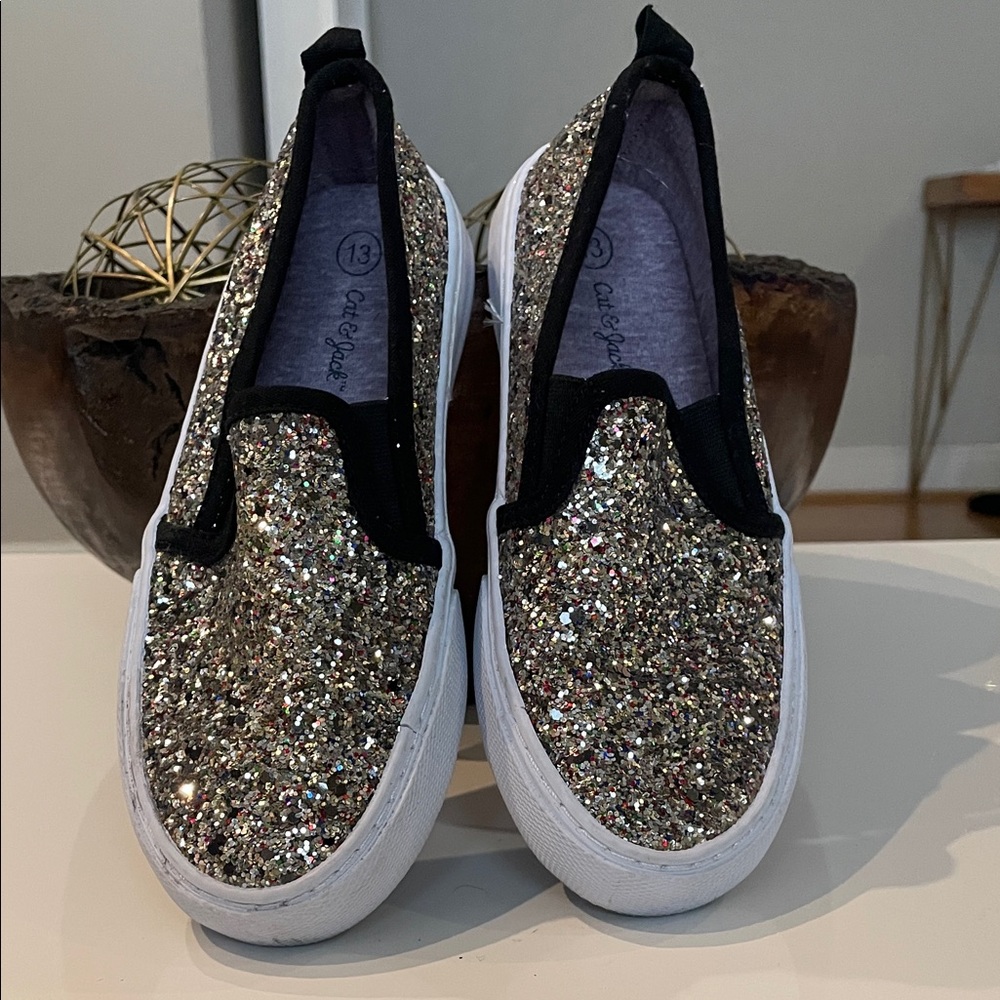 Cat & Jack Glitter Slip-On Sneakers - Silver and Black